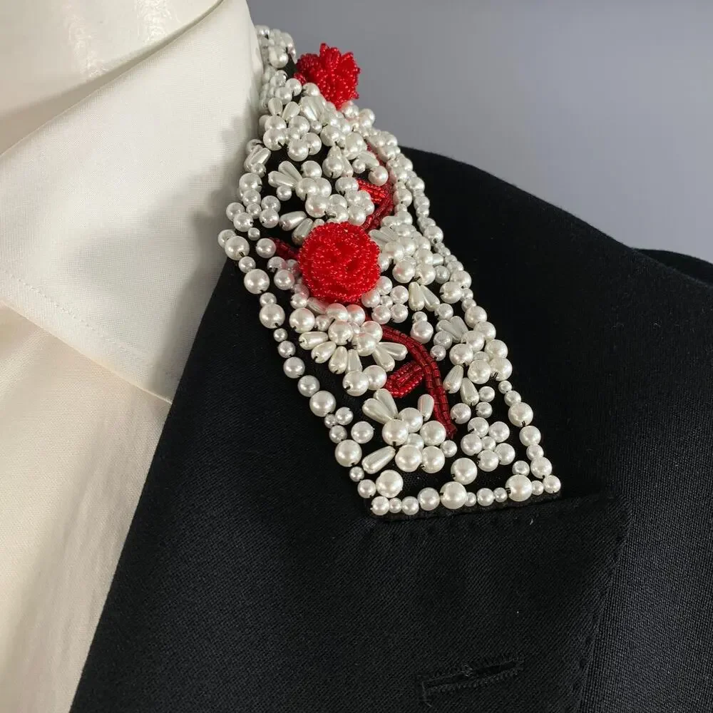 SIMONE ROCHA Chest Size L Black Red & White Beaded Wool Blend Sport Coat